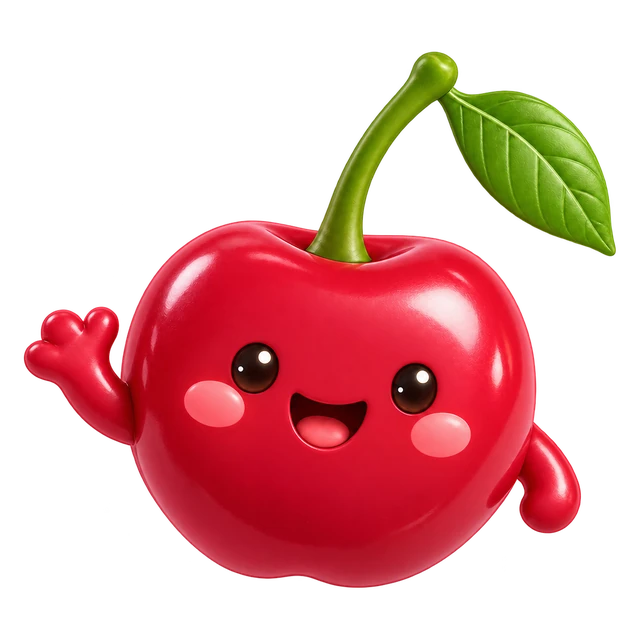 Cherry, the friendly cherry mascot, waving