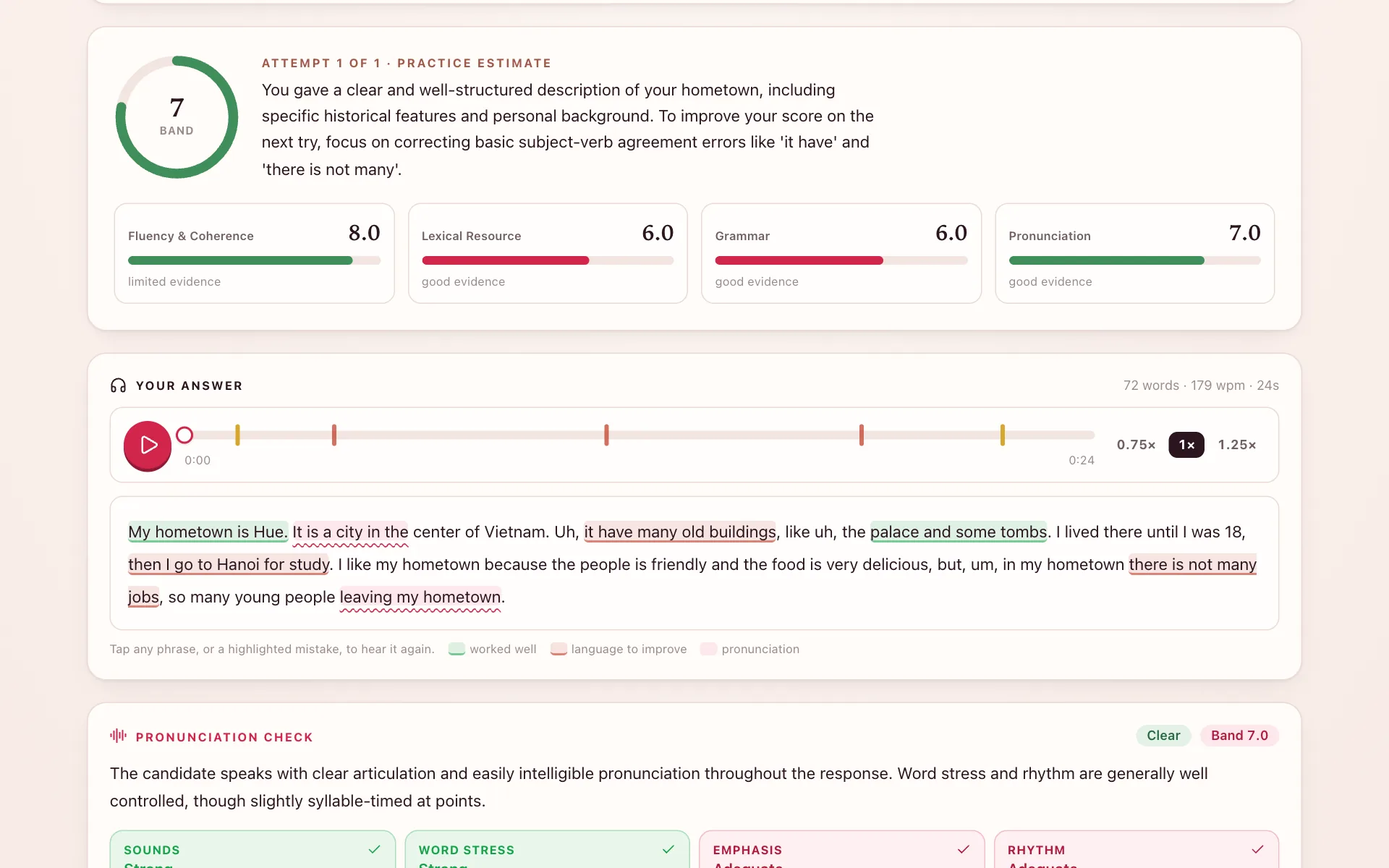 Cherry Speaking result screen: a band estimate of 6.5 with scores for fluency, lexical resource, grammar and pronunciation