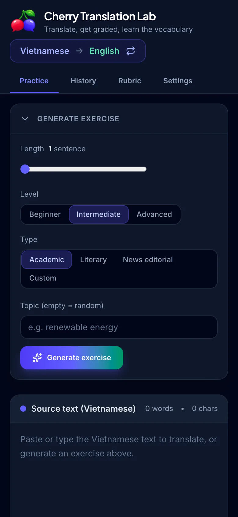Cherry Translation Lab: generate an exercise